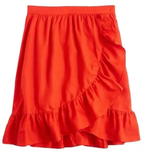 J. Crew 100% Linen Ruffle Hem Faux Wrap Mini Skirt Citrus Poppy Orange sz 4 - Picture 2 of 10